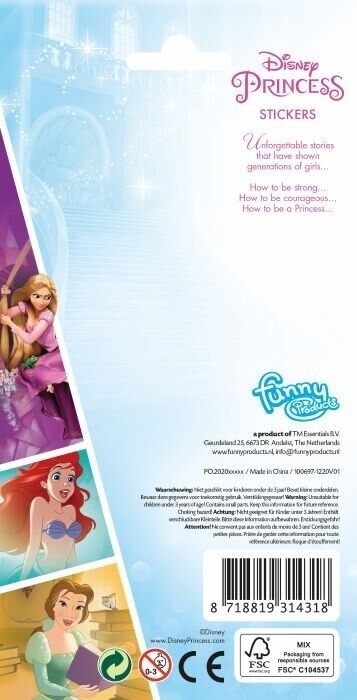 Stickersark med farverige Disney-prinsessefigurer og små dekorative klistermærker på pink baggrund.