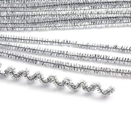 Chenille sølv piberenser med glitter 6mm