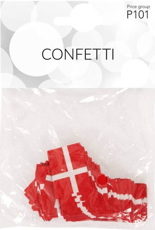 Pose med røde Dannebrog strøflag konfetti i klar emballage med hvid etiket