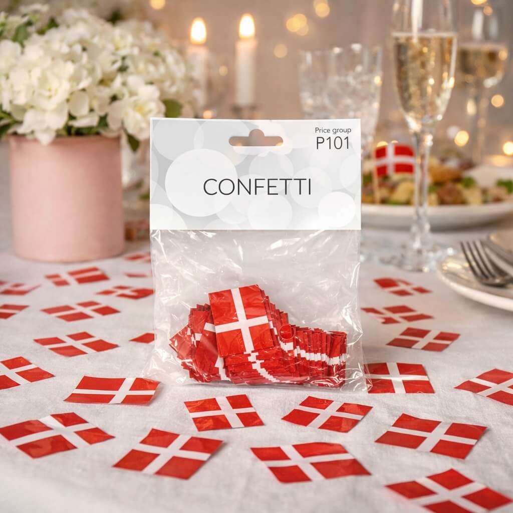 Pose med Dannebrog confetti på festligt dækket bord med flag, lys og champagneglas