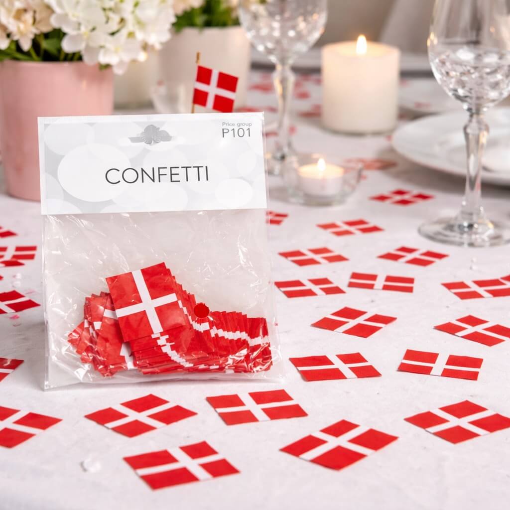 Pose med Dannebrog confetti på festligt dækket bord med flag, lys og blomster
