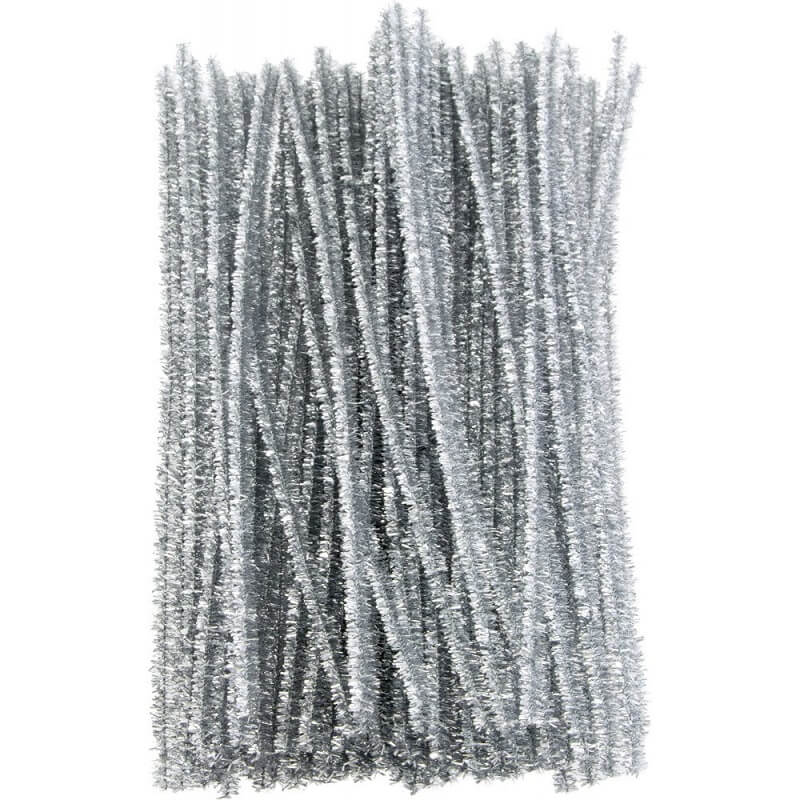Chenille sølv piberenser med glitter 6mm