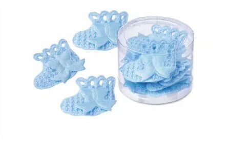 Små lyseblå dekorative sokker i æske – 10 stk. barnedåbspynt