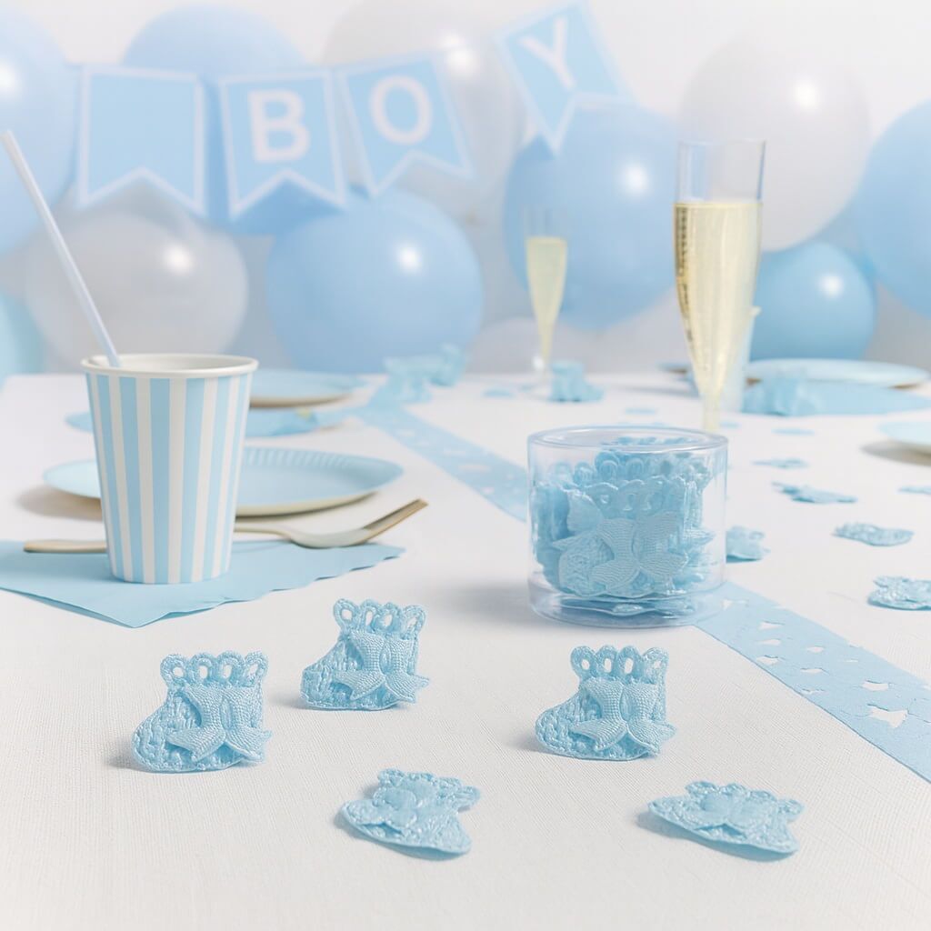Lyseblå dekorative sokker som bordpynt på festbord til barnedåb