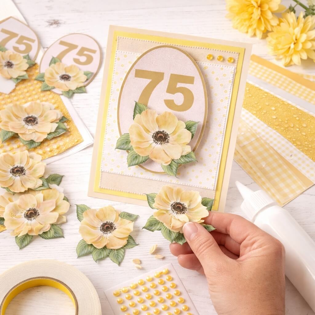 Håndlavet kort med 3D ark 75 år og gule blomster under kortfremstilling med papir, blomster og hobbyværktøj