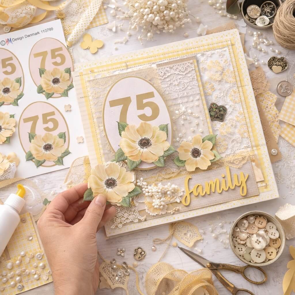 Scrapbooking med 3D ark 75 år og gule blomster, håndlavet layout med papir, blomster og pynt