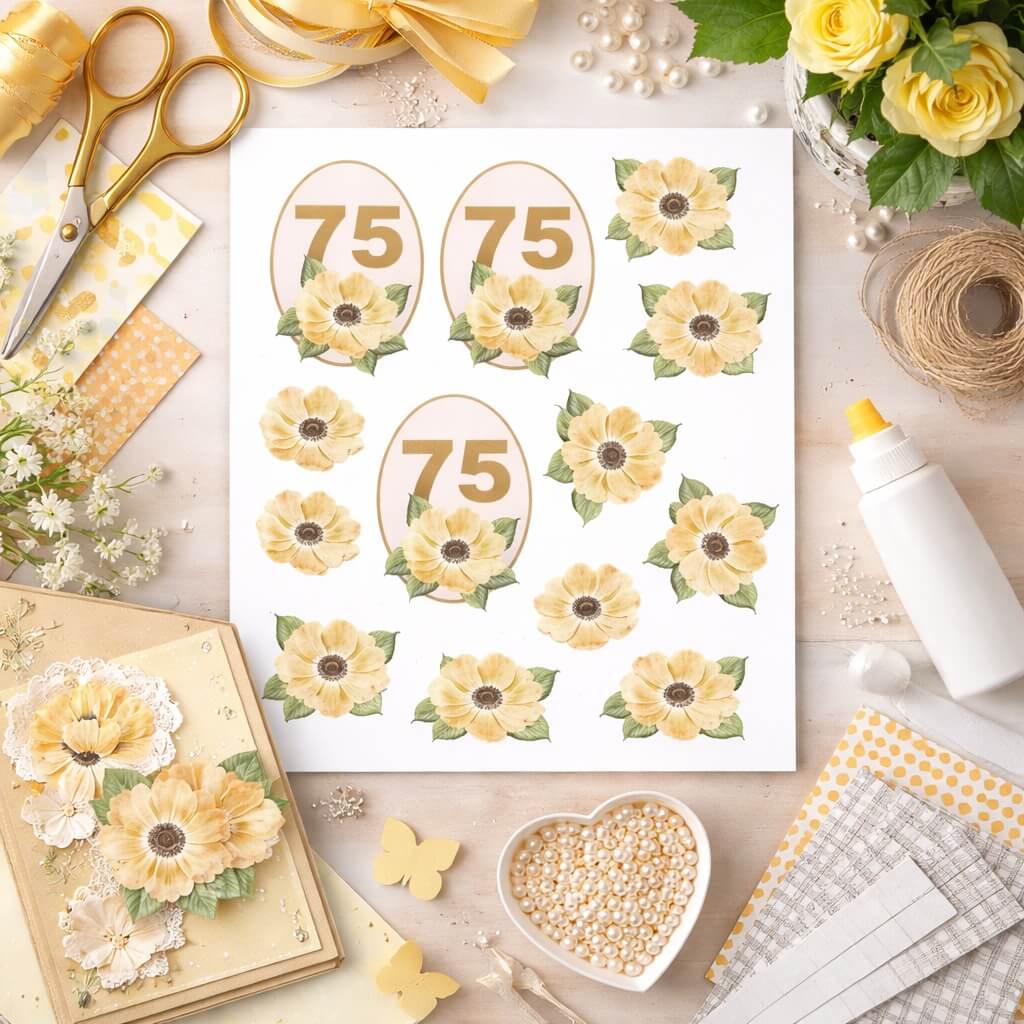 3D ark 75 år med gule blomster til kortfremstilling på kreativt hobbybord med papir og pynt