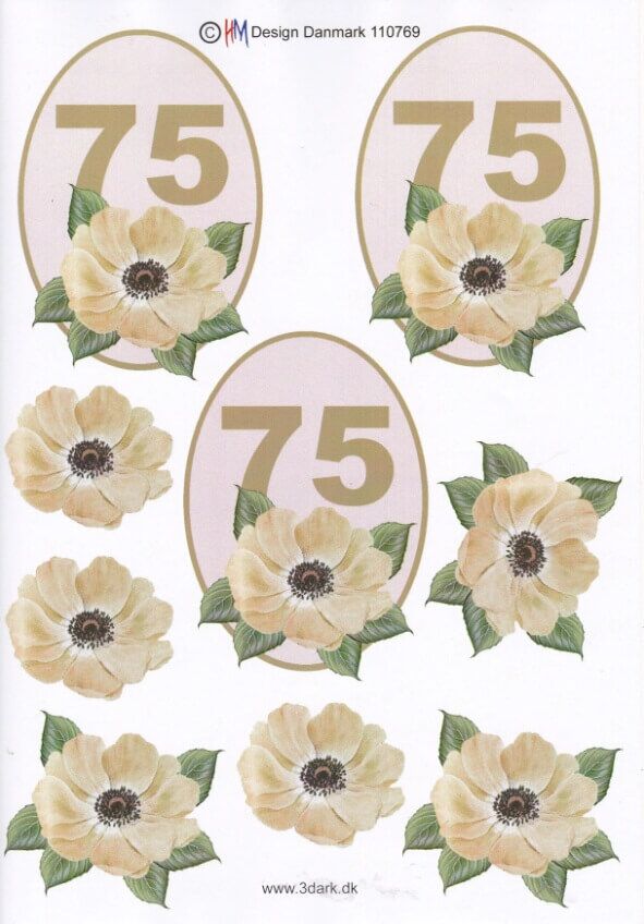 3D ark 75 år med gule blomster til kortfremstilling og 3D decoupage