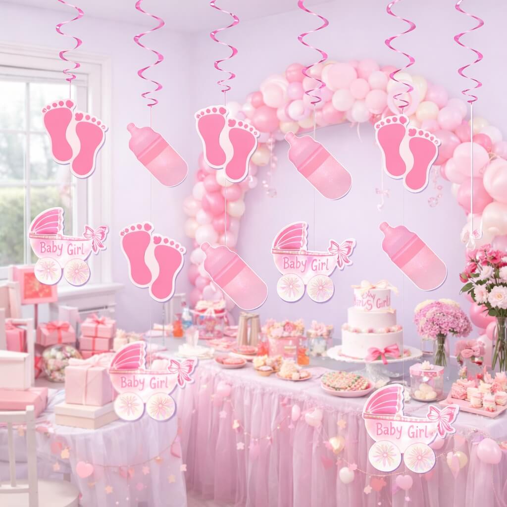 Lyserødt pyntet festlokale med loftdekorationer, ballonbue, kagebord og babyshower pynt til barnedåb.