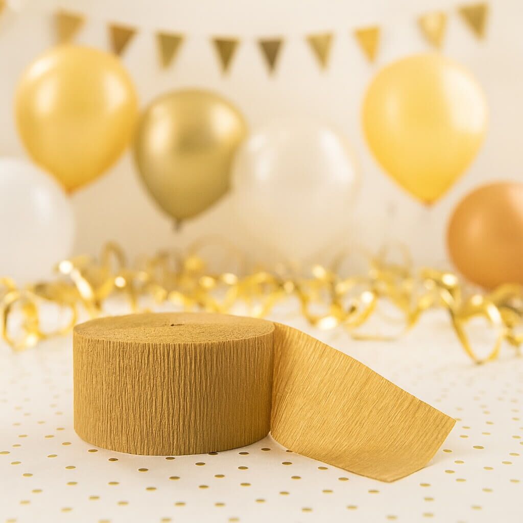 Guld crepepapir rulle på festbord med balloner og pynt – festdekoration