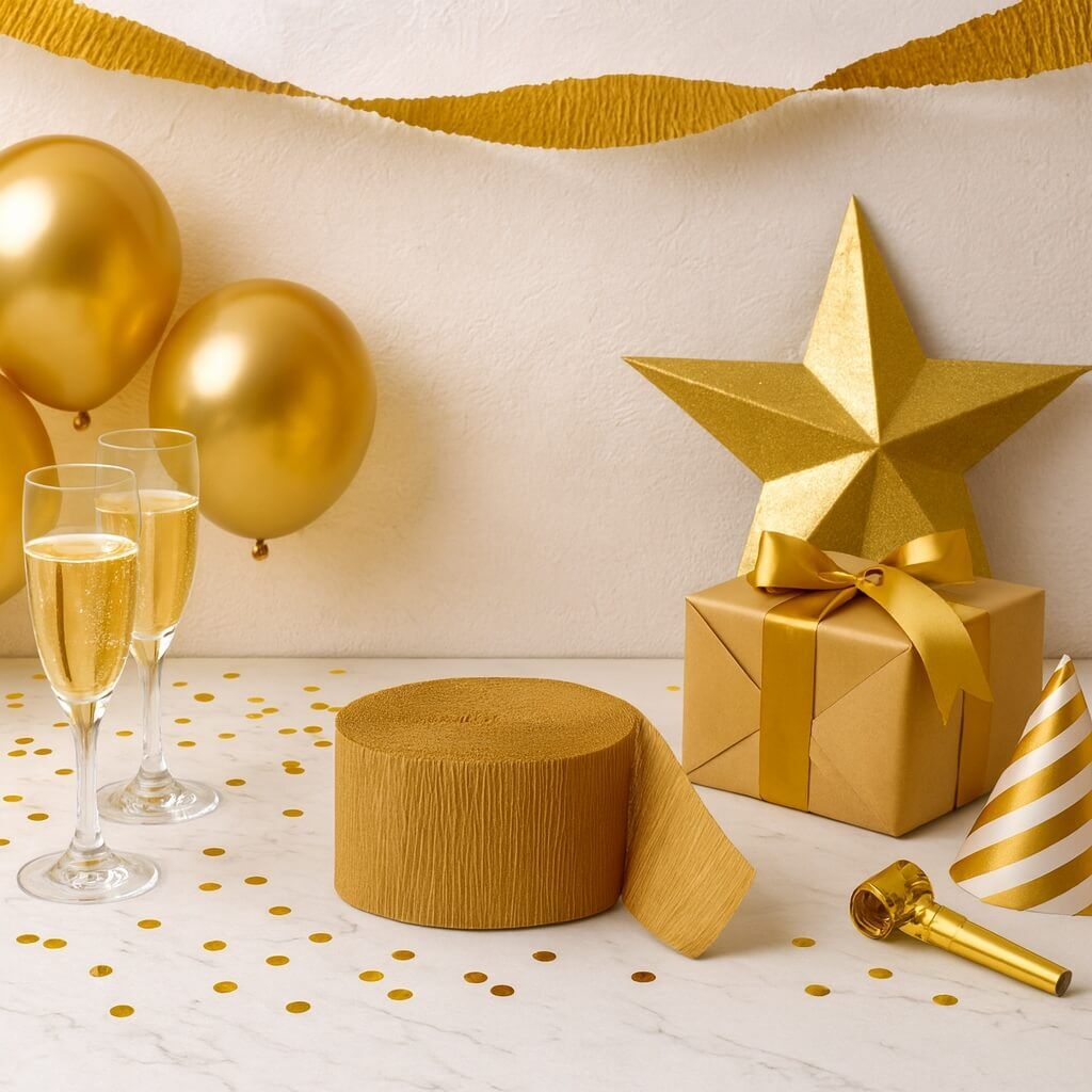 Guld crepepapir rulle på festbord med guld pynt og festdekoration