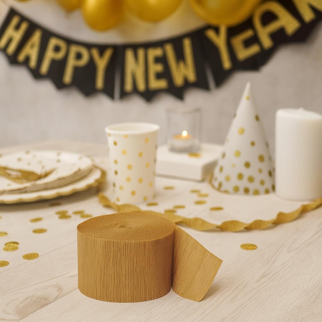 Guld crepepapir rulle på pyntet festbord med balloner og festdekoration