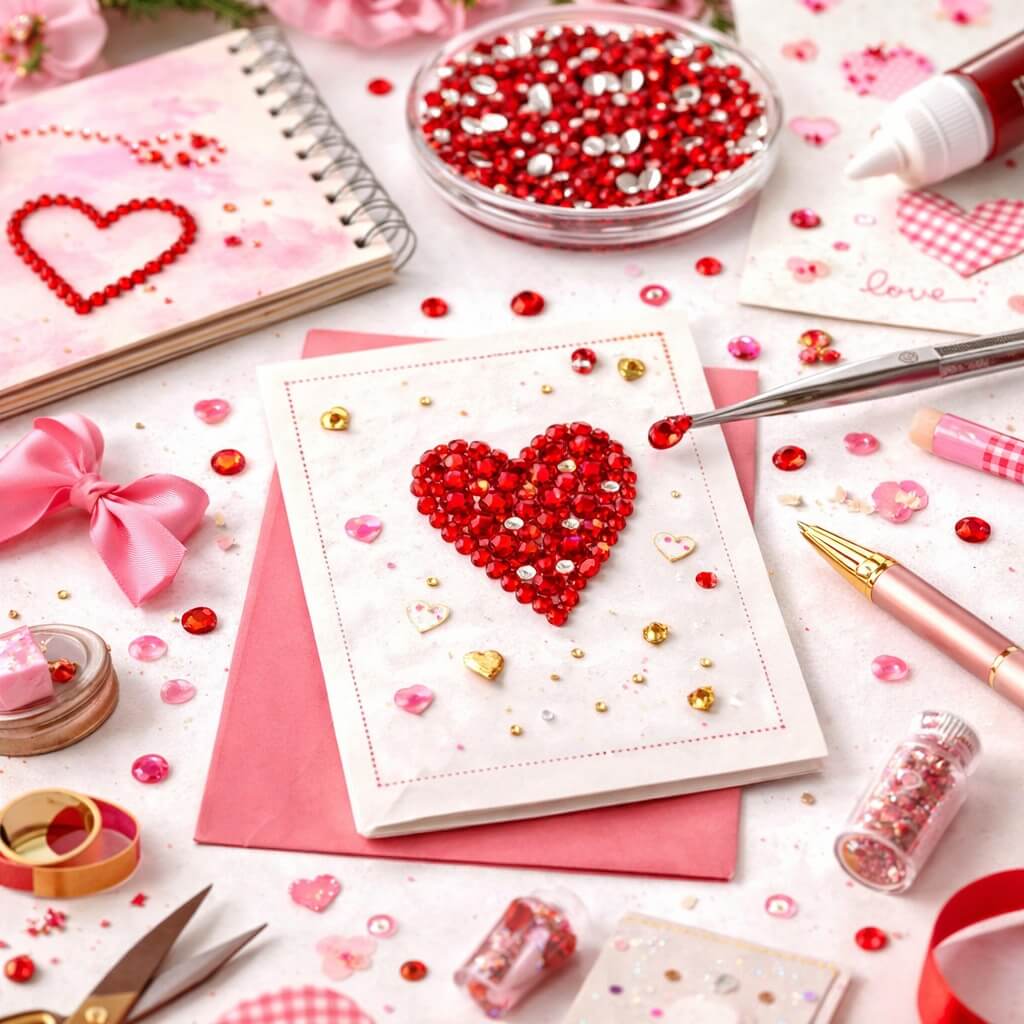 Håndlavet kort dekoreret med røde rhinsten 3 mm – kreative rhinsten til kortfremstilling og scrapbooking