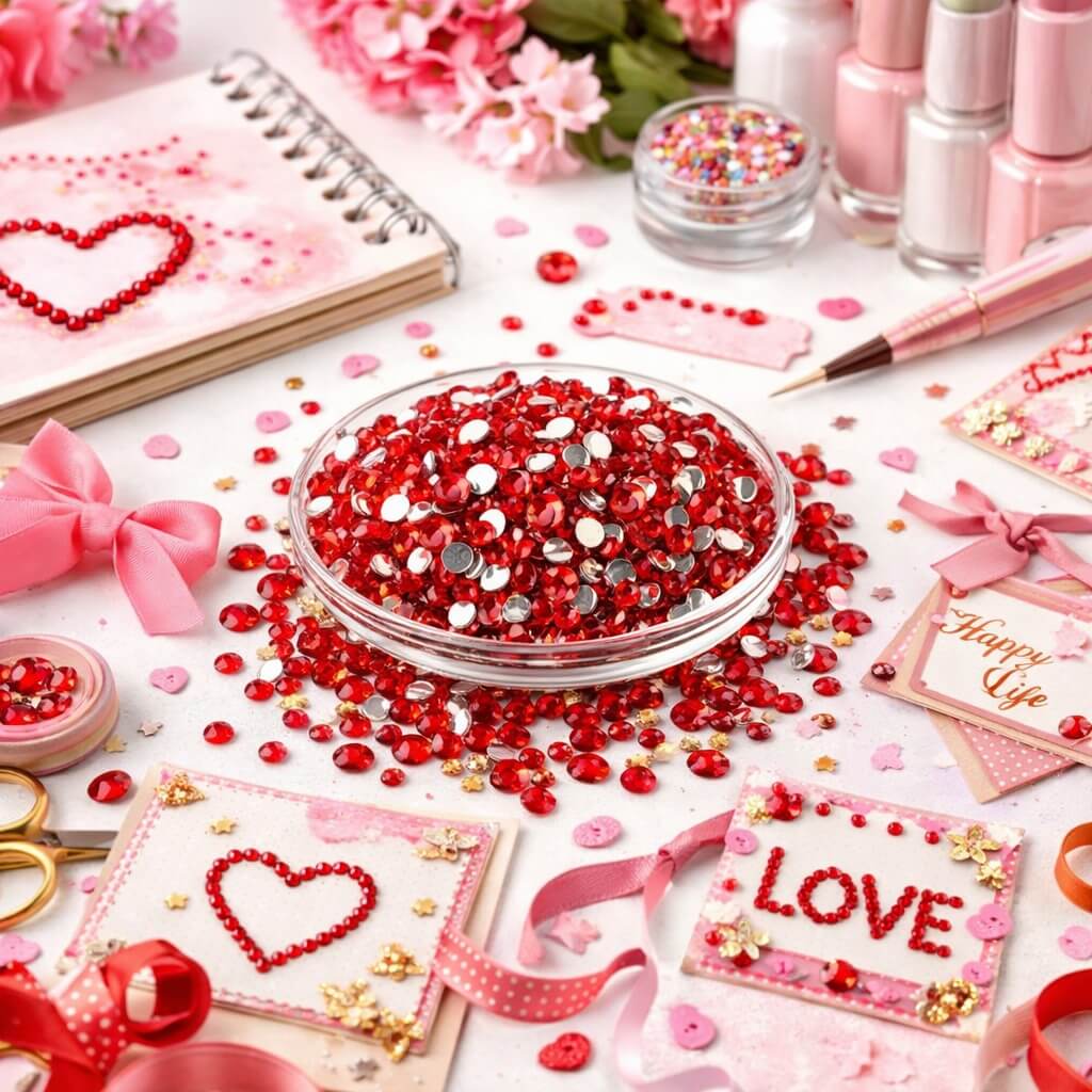 Røde rhinsten 3 mm brugt til kortfremstilling og scrapbooking på kreativt hobbybord