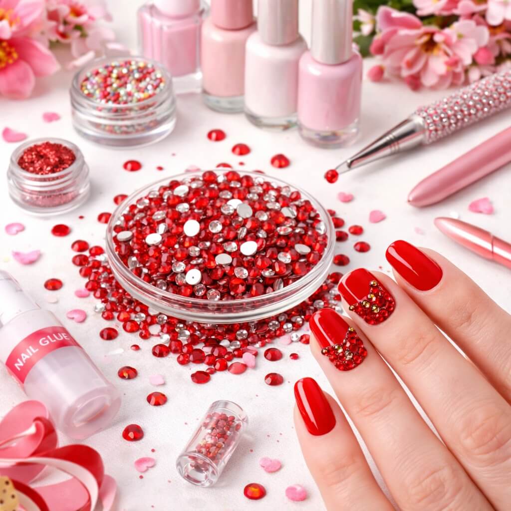 Røde rhinsten 3 mm brugt til neglekunst og nail art på røde negle