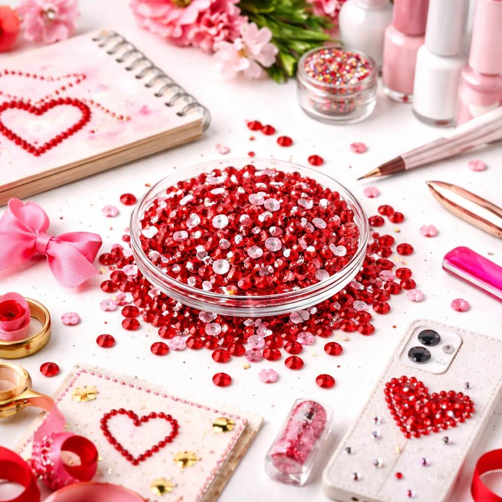 Røde rhinsten 3 mm til scrapbooking og kortfremstilling på kreativt hobbybord