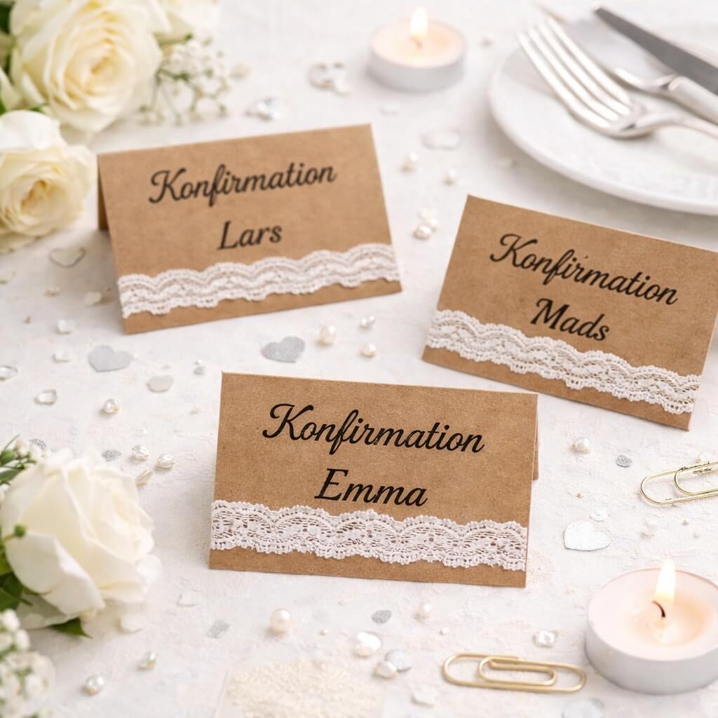Bordkort til konfirmation i kraftpapir med sort tekst og blonder pyntet på festbord