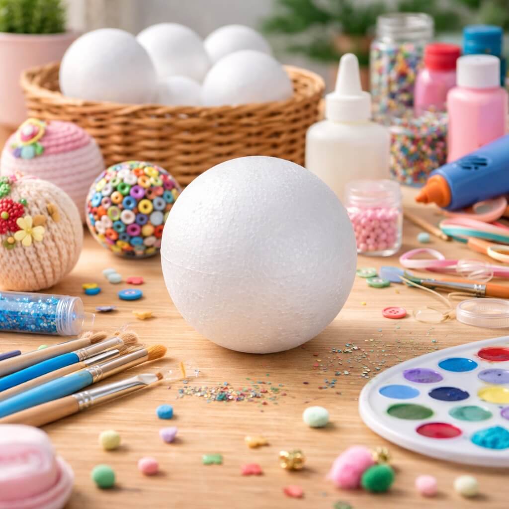 Styroporkugle 6 cm til kreativ hobby omgivet af DIY materialer som maling, perler og pensler