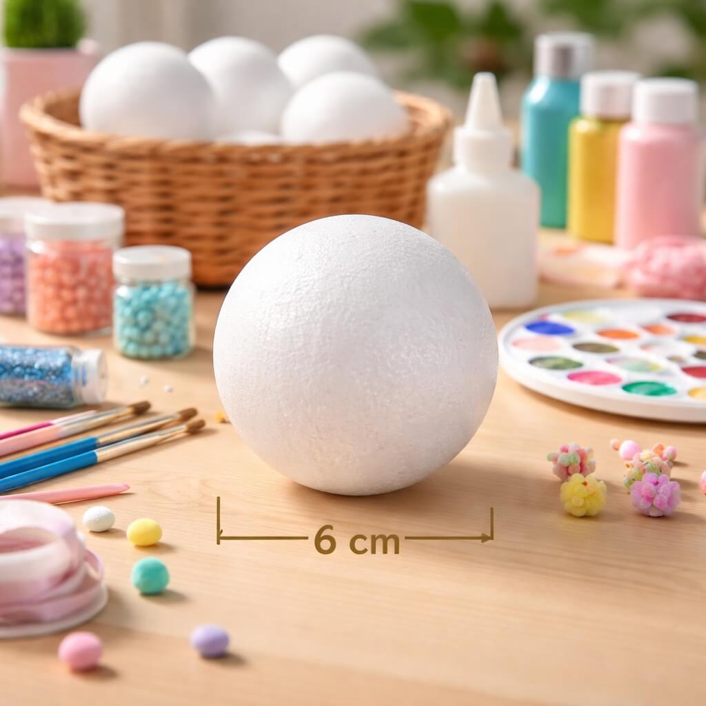 Styroporkugle 6 cm til kreativ hobby omgivet af maling, perler og DIY materialer