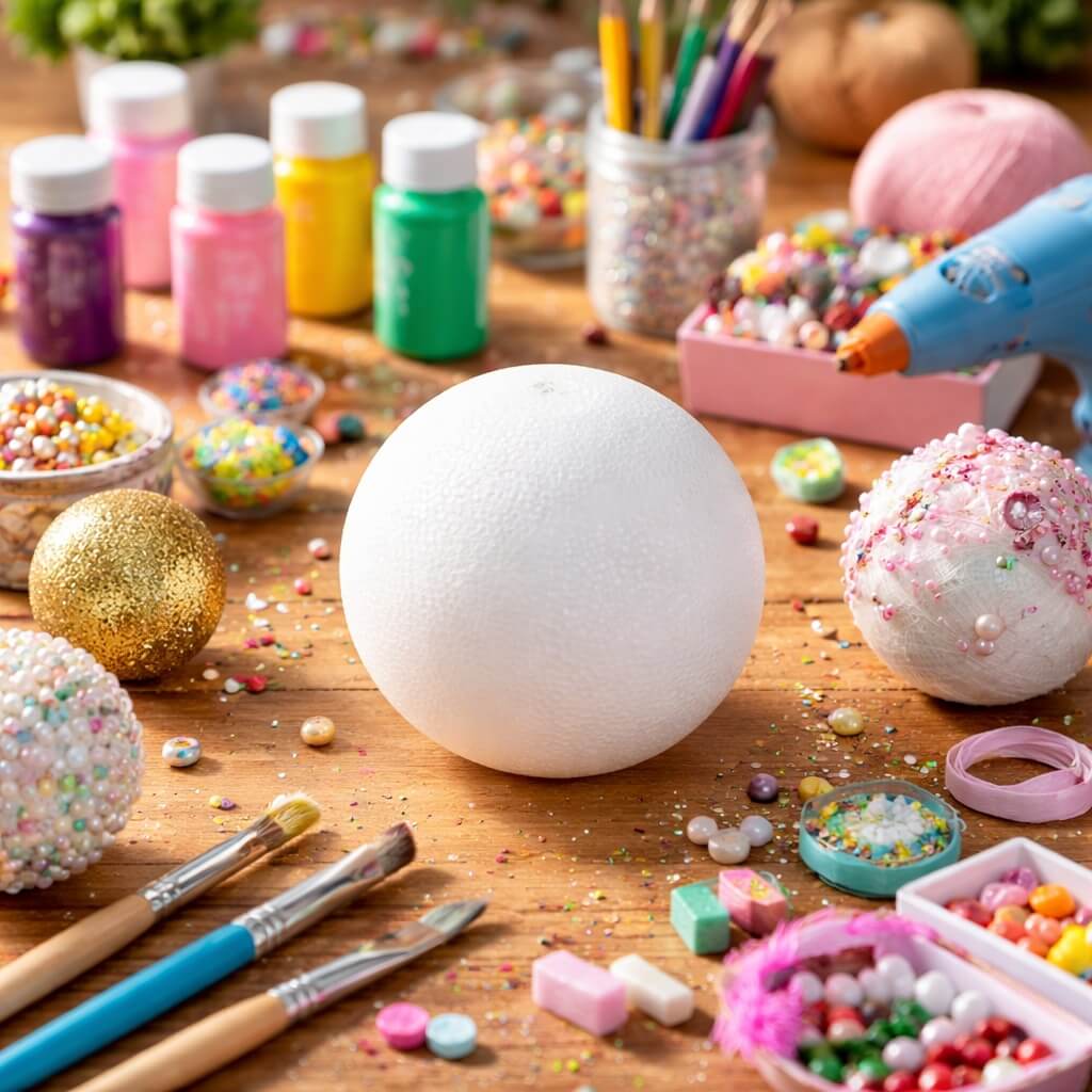 Styroporkugle til kreativ hobby omgivet af maling, perler, pensler og DIY materialer