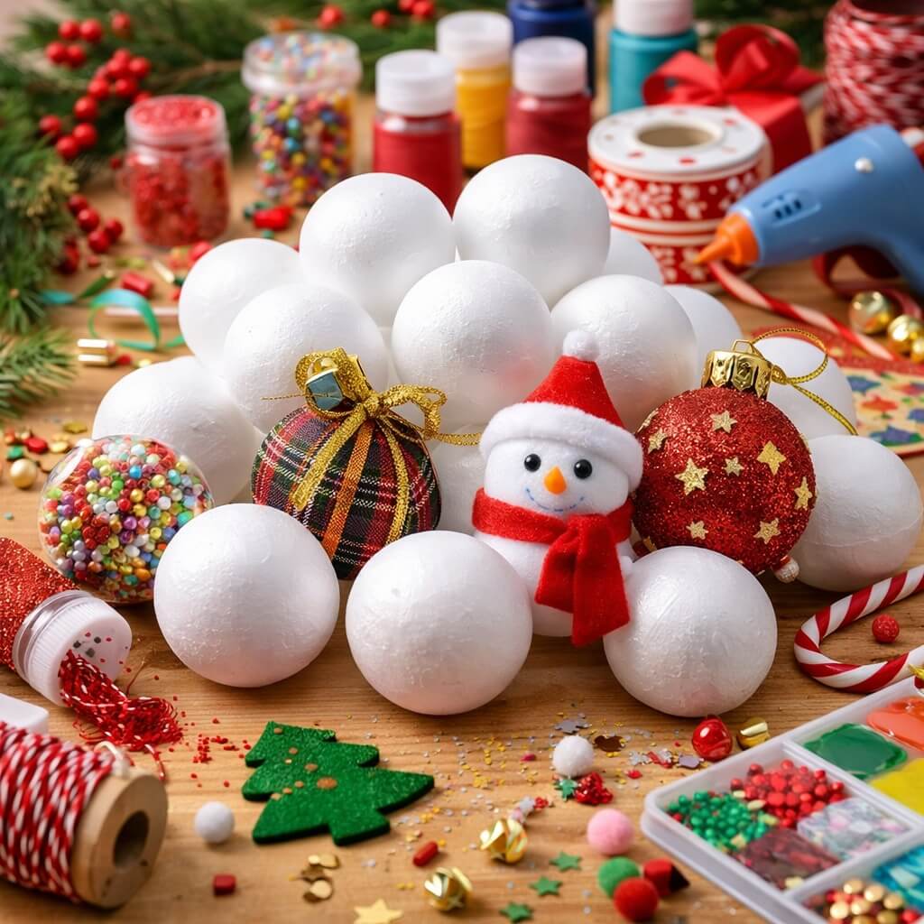 Styroporkugler brugt til DIY julepynt med snemandsfigur, julekugler, maling og hobbytilbehør