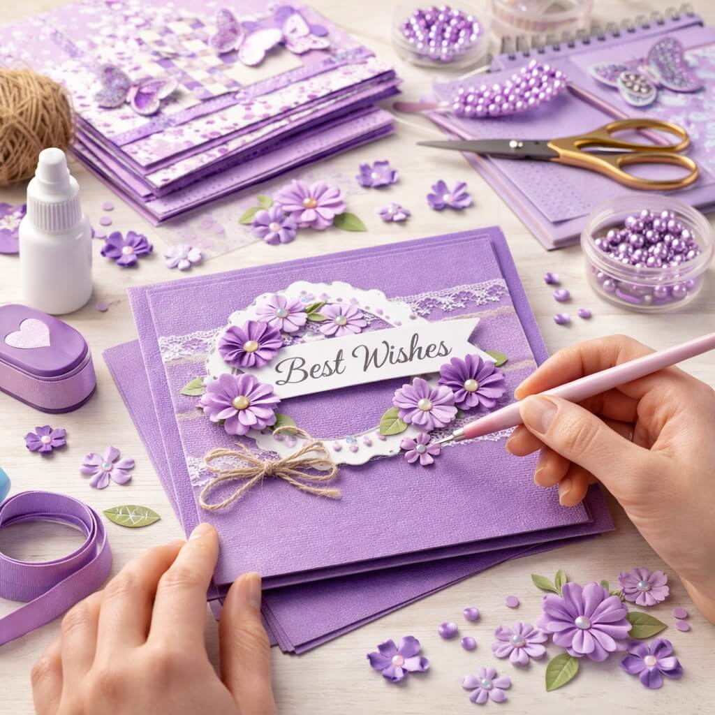 Kortfremstilling med lilla karton med struktur, dekoreret kort og kreative hobbyredskaber