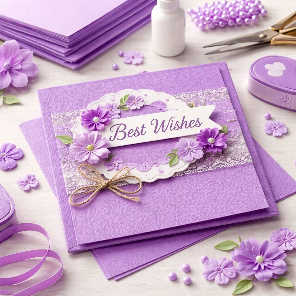 Kortfremstilling med lilla karton med struktur, dekoreret kort og kreative hobbyredskaber