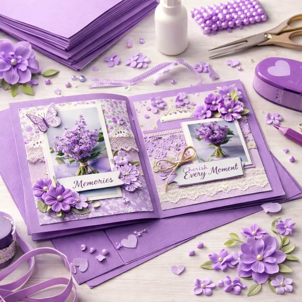 Scrapbooking med lilla karton med struktur, dekorerede sider og kreativt hobbytilbehør