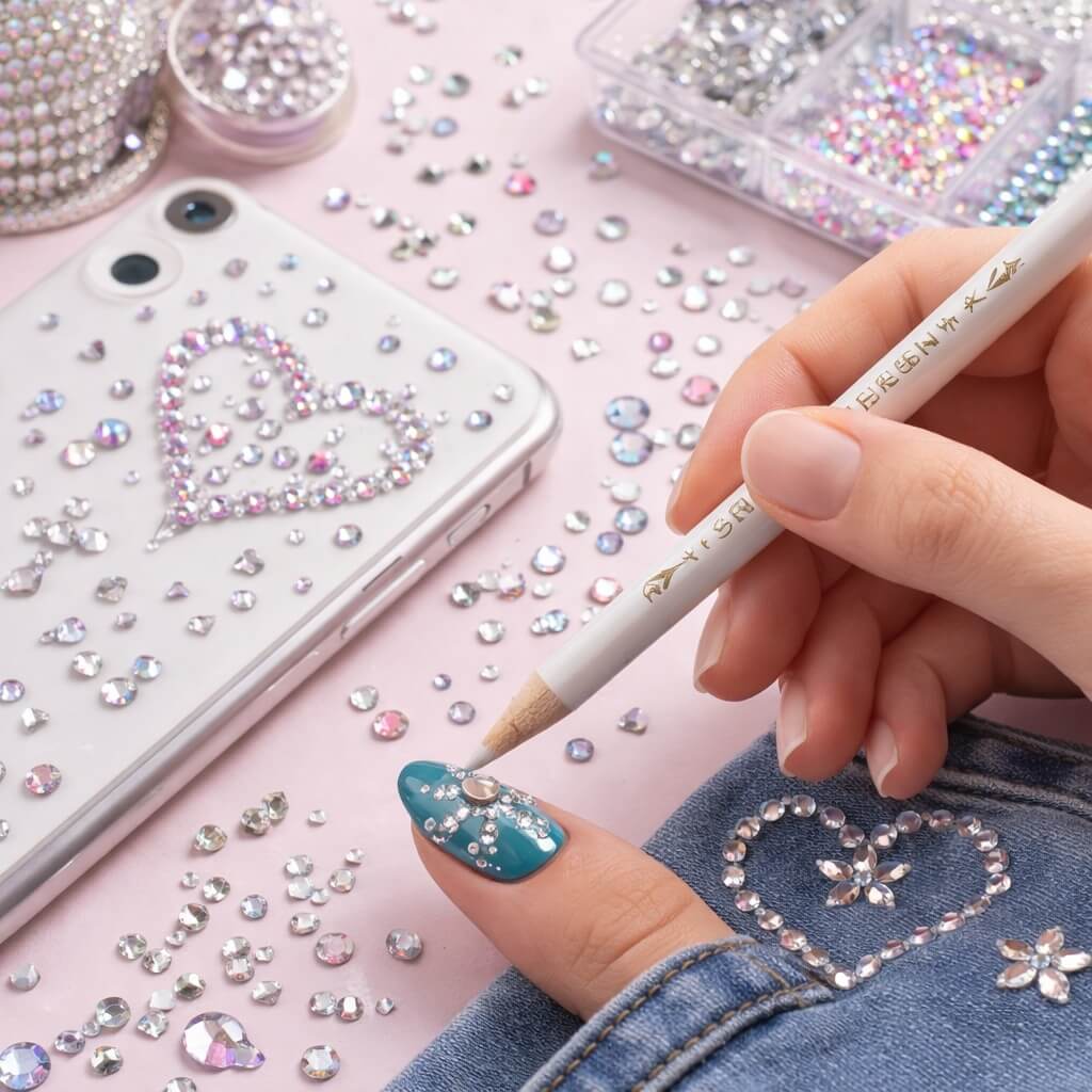Rhinsten pen picker i brug til nail art og dekoration med rhinsten på negl og mobilcover
