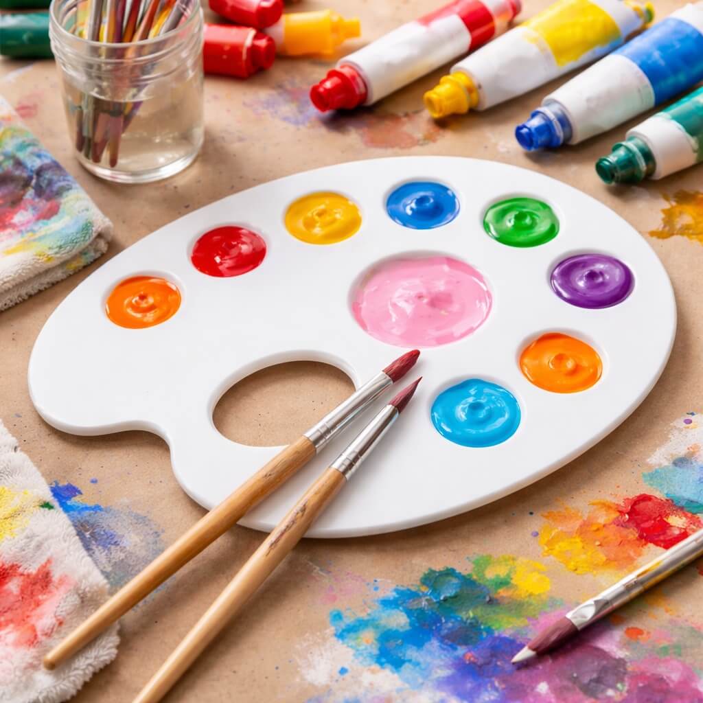 Malerpalette i plast med 9 rum med farver og pensler på kreativt arbejdsbord