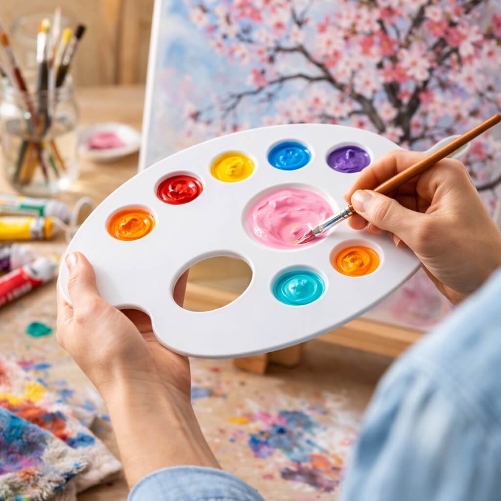 Person holder malerpalette i plast med 9 rum og blander maling med pensel