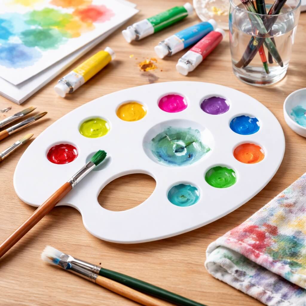 Malerpalette i plast med 9 rum med maling og pensler på bord