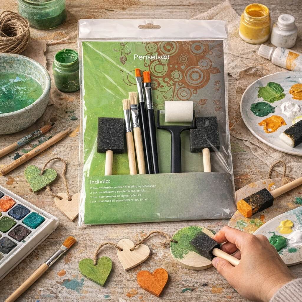 Penselsæt med 7 dele til hobby maling vist i kreativt miljø med maling, skumpensler, pensler, farvepalet og DIY dekoration