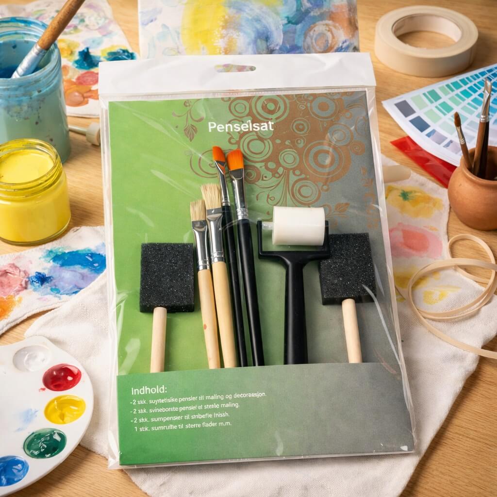 Penselsæt med 7 dele til hobby maling bestående af syntetiske pensler, svinebørstepensler, skumpensler og skumrulle vist i kreativt hobby-miljø