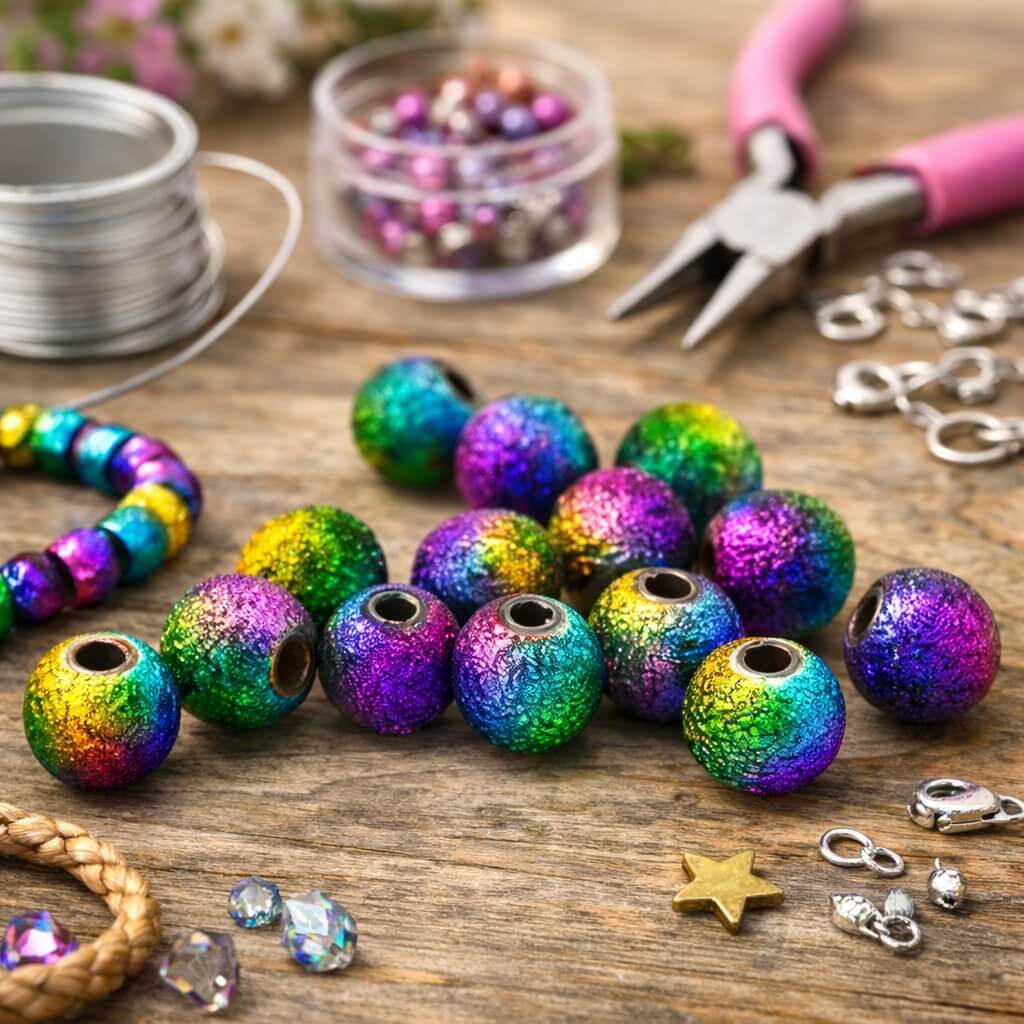 Smykkefremstilling med multicolor Doreen perler på træbord