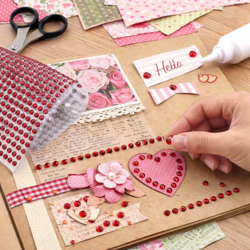 Scrapbooking med røde selvklæbende rhinsten brugt til kreativ DIY dekoration