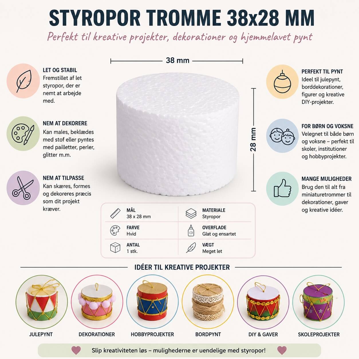 Infografik af styropor tromme 38x28 mm med mål, produktfordele og kreative anvendelsesmuligheder til hobby, DIY og julepynt.