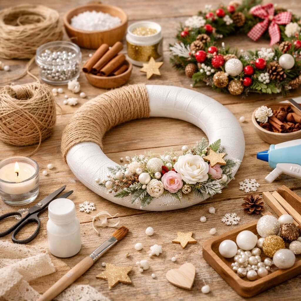 Styroporring 12 cm brugt til DIY juledekoration og krans med blomster, naturmaterialer og pynt