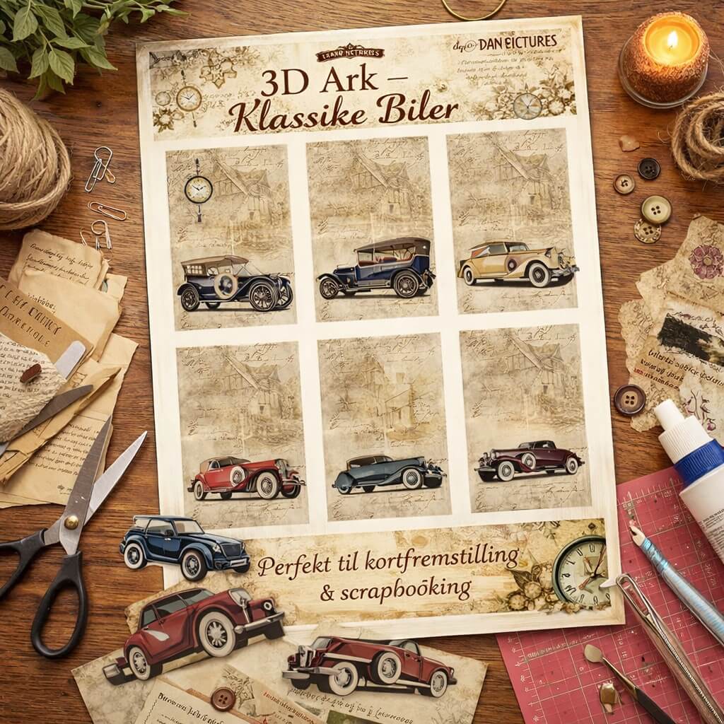 3D ark med klassiske biler i nostalgisk vintage stil fra Dan Pictures, brugt til kortfremstilling og scrapbooking.