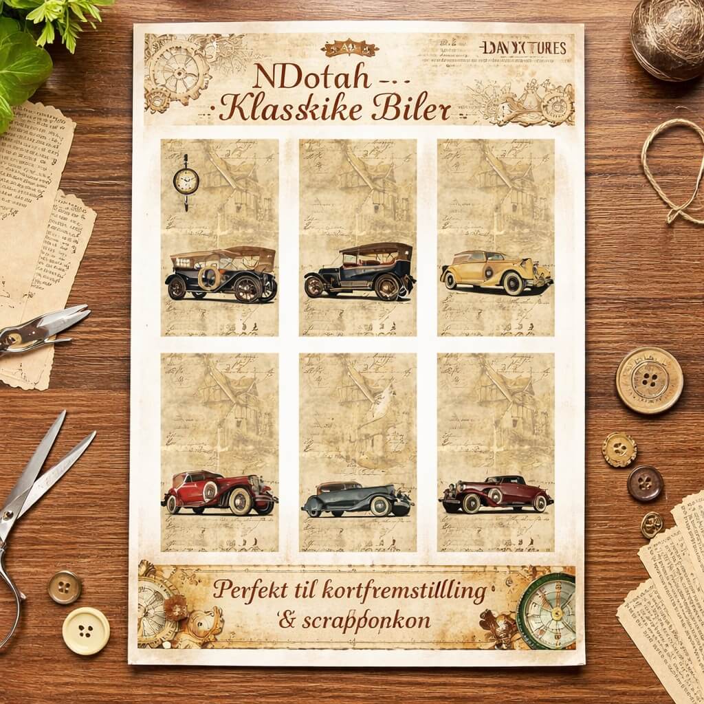 3D ark med nostalgiske klassiske biler i vintage stil fra Dan Pictures, anvendt til kortfremstilling og scrapbooking.