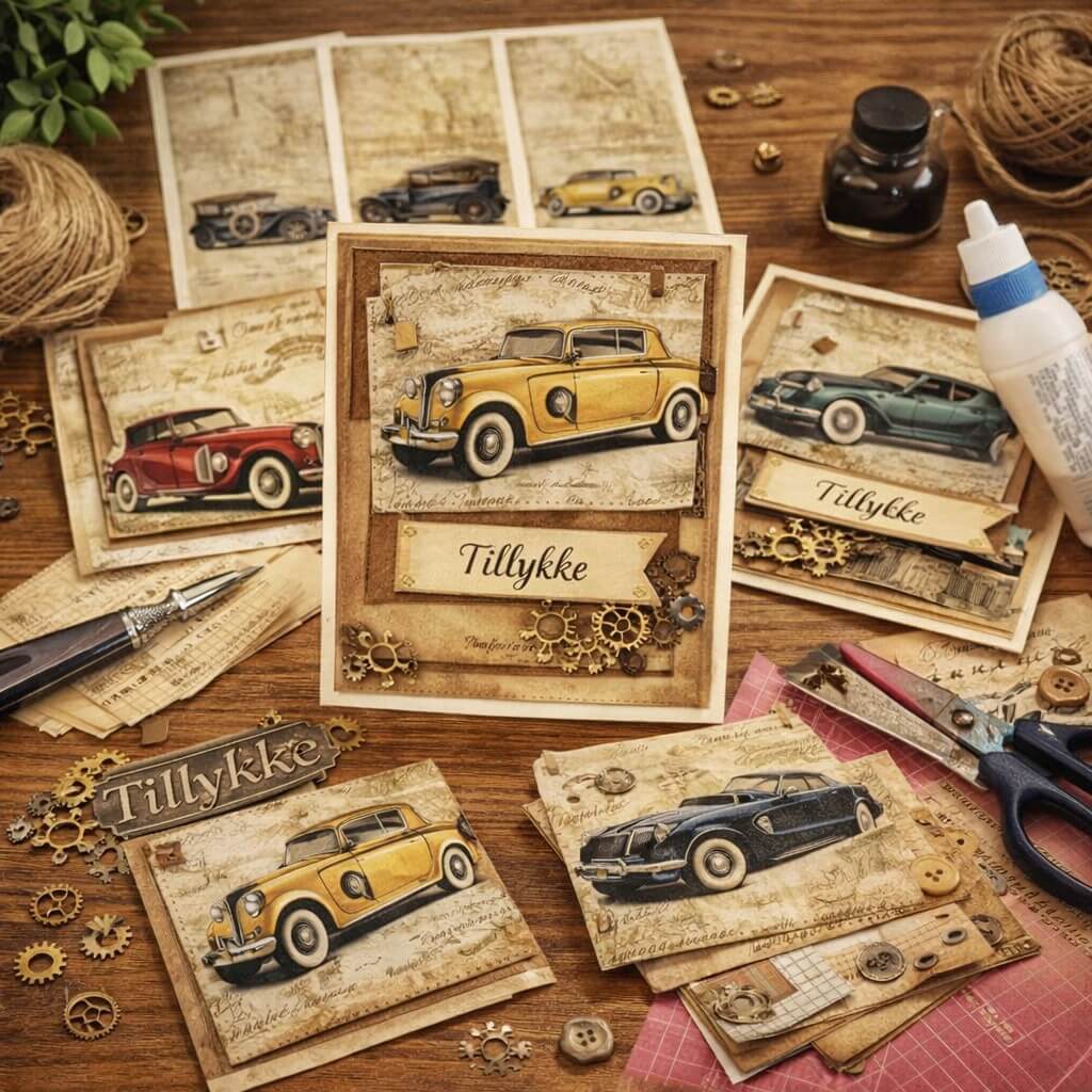 DIY kortfremstilling med 3D ark af nostalgiske klassiske biler, brugt på håndlavede herrekort med vintage detaljer.