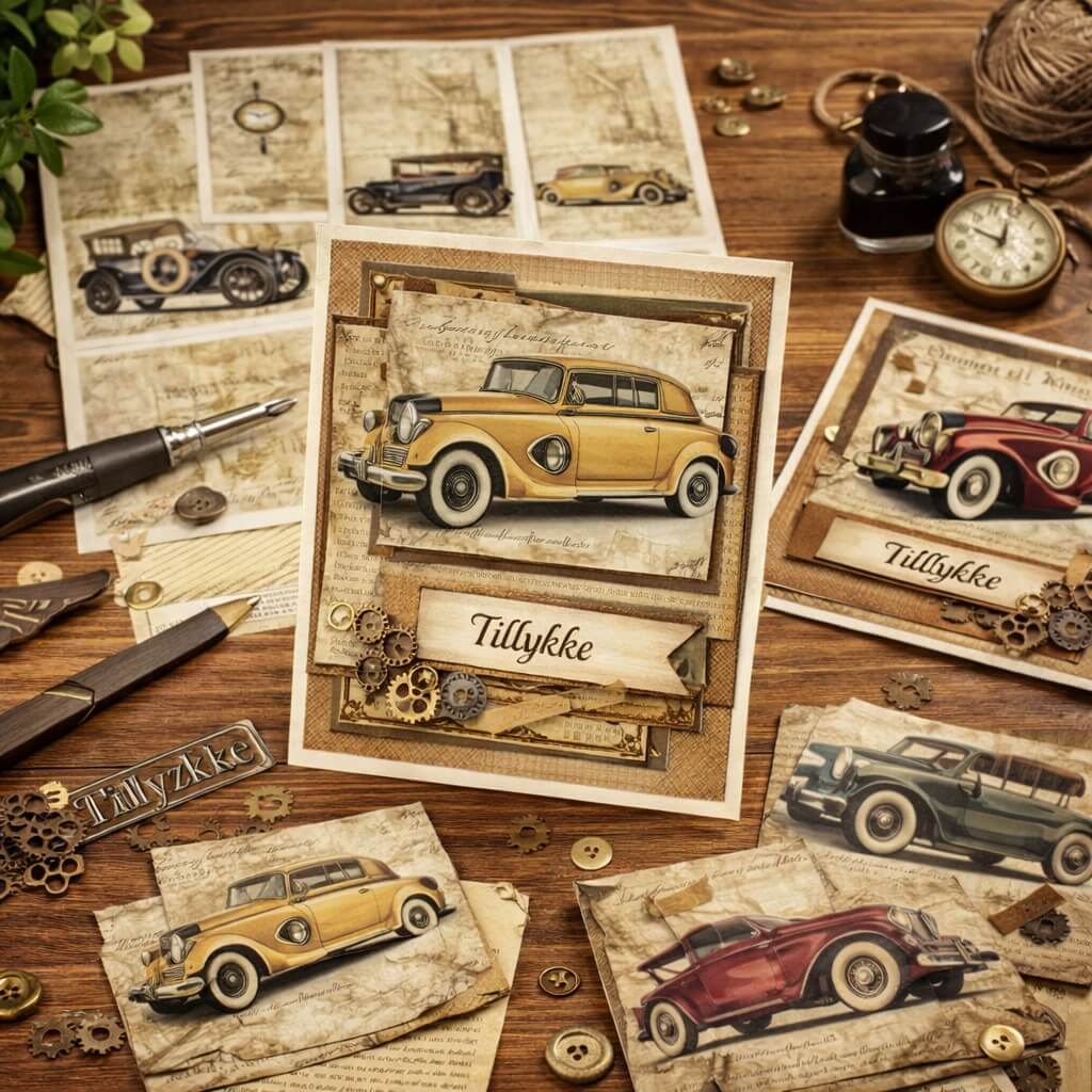 Håndlavede DIY kort med 3D ark af klassiske nostalgiske biler, brugt til herrekort med vintage papir, gearpynt og teksten Tillykke.
