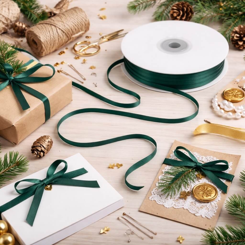 Kreativ hobbybord med gran grønt satinbånd på rulle, gavepynt og kortdekoration til DIY projekter
