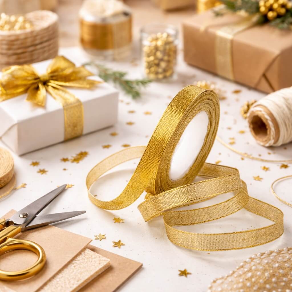Guld satinbånd lamé glitter på rulle til gaveindpakning – sløjfer og dekoration