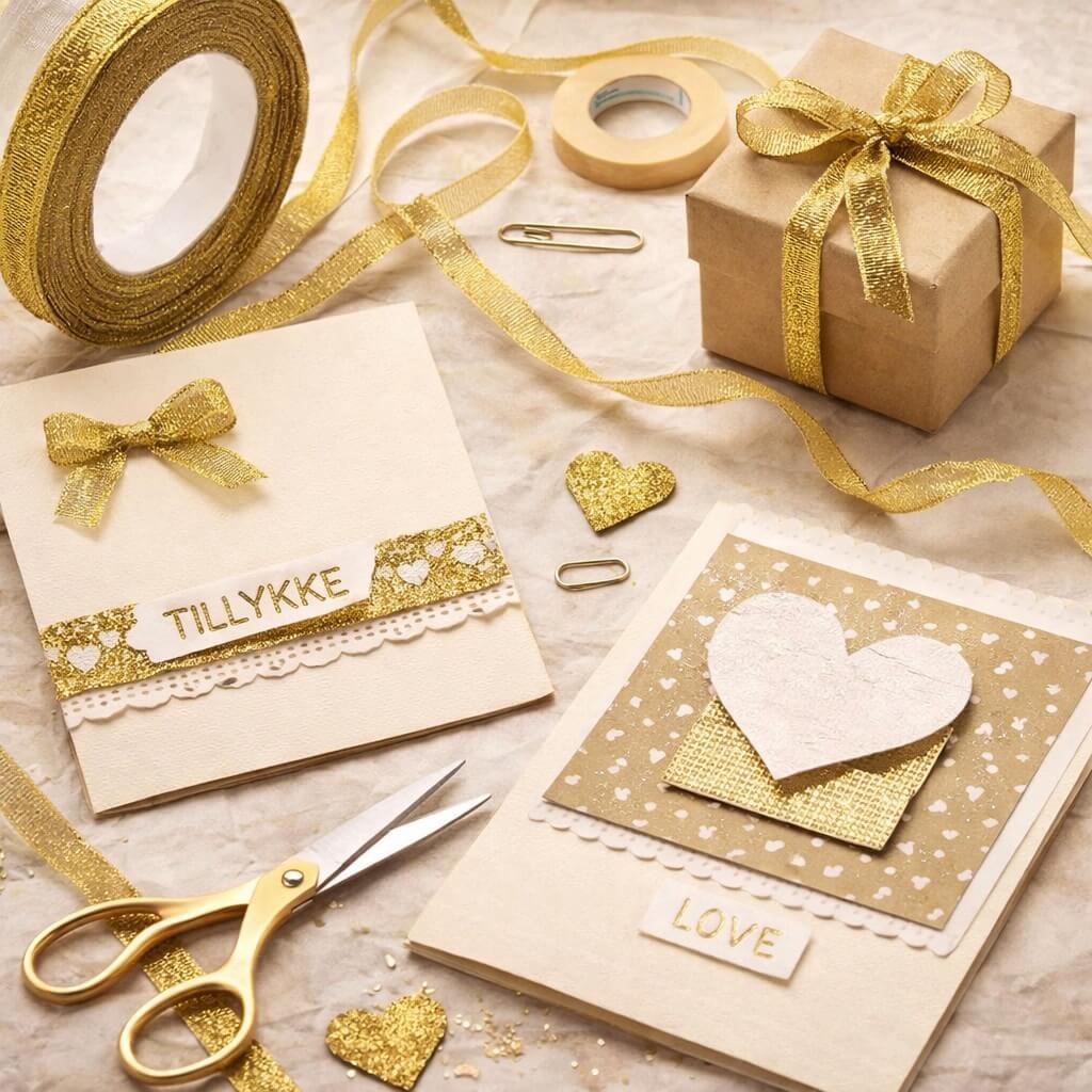Guld lamé satinbånd med glitter brugt til gaveindpakning, sløjfer og pynt på kort