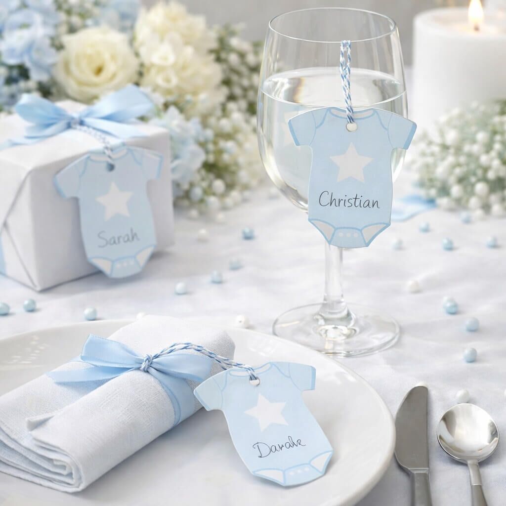 Lyseblå gavemærker formet som baby bodystocking brugt som bordkort ved festbord med glas, serviet og gave