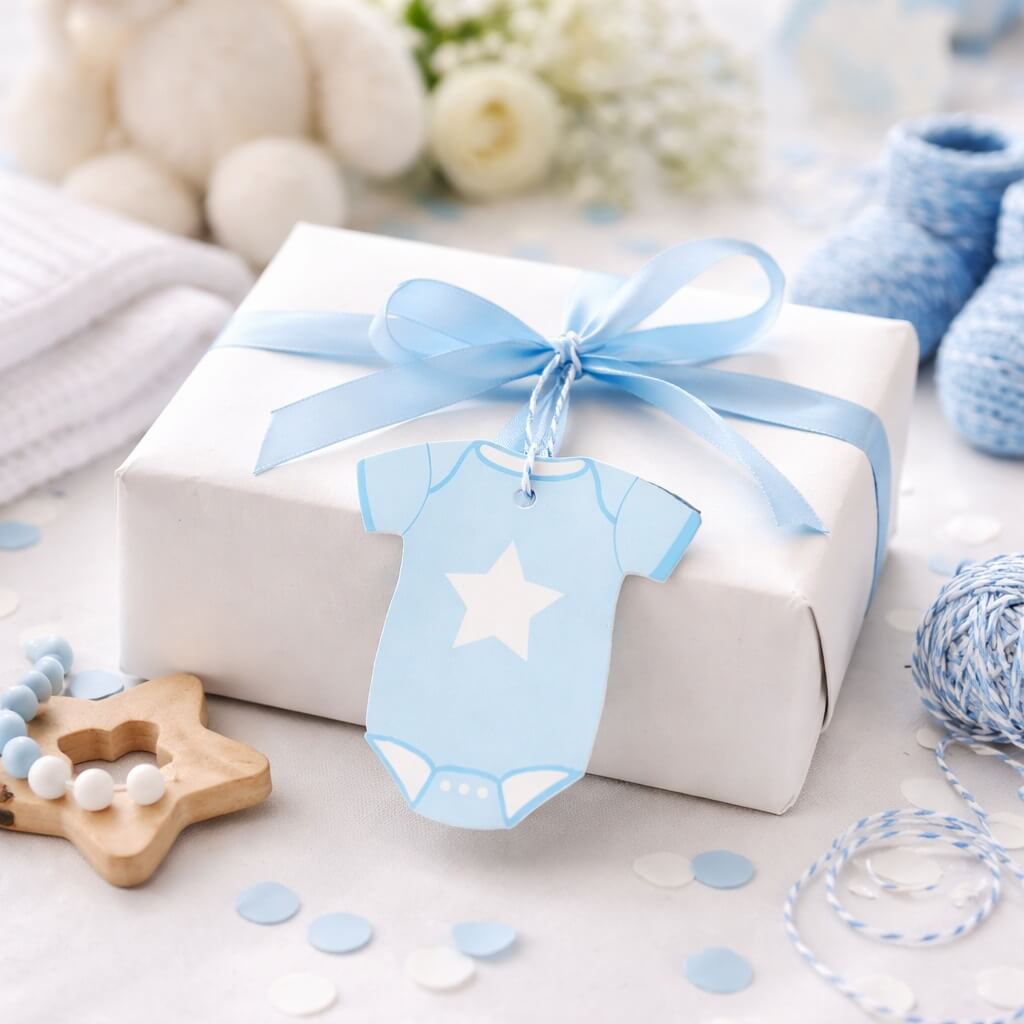 Lyseblåt gavemærke formet som baby bodystocking med stjerne på hvid gave med lyseblåt bånd og snor