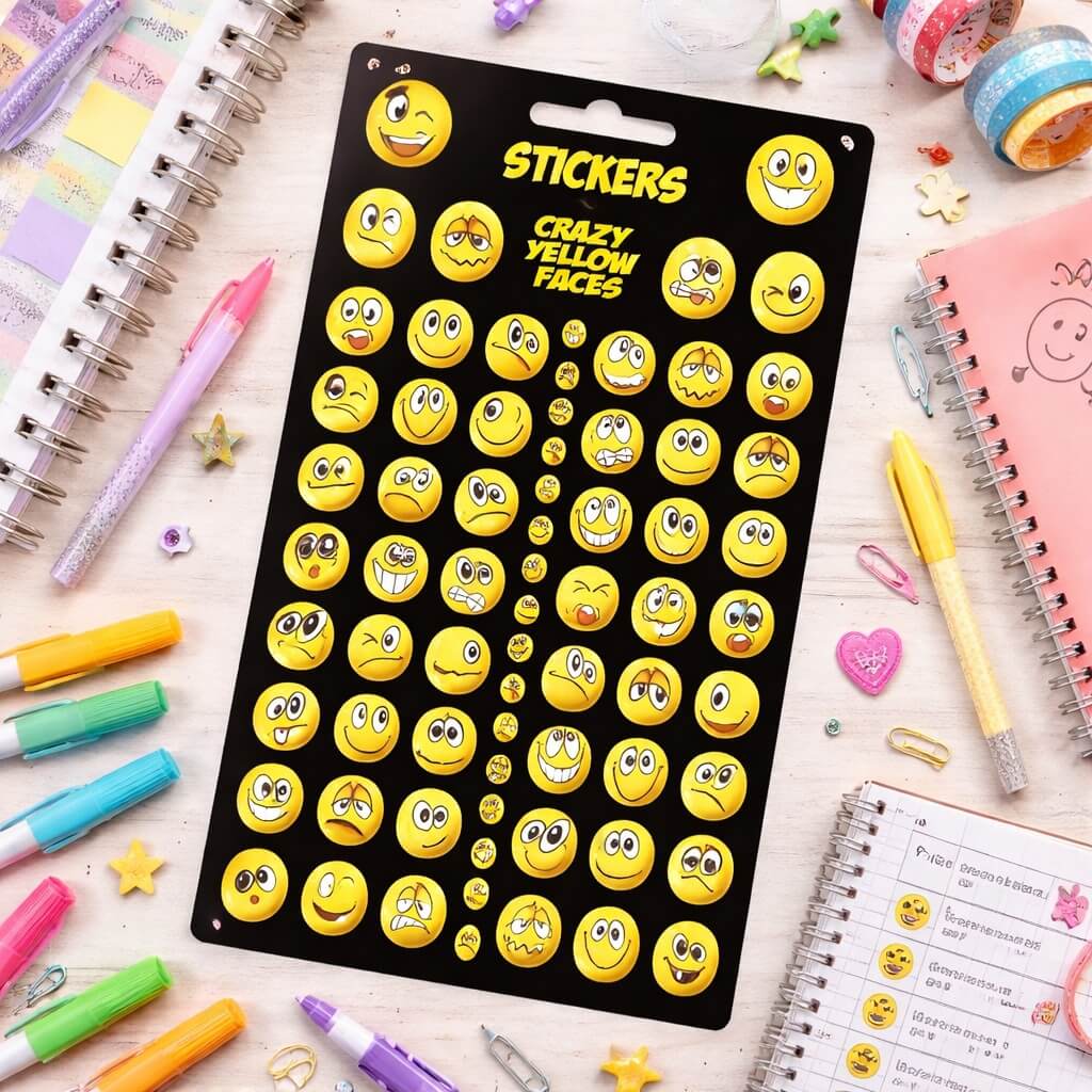 Smiley crazy stickers ark med gule emoji klistermærker på kreativt skrivebord med notesbøger og tusser