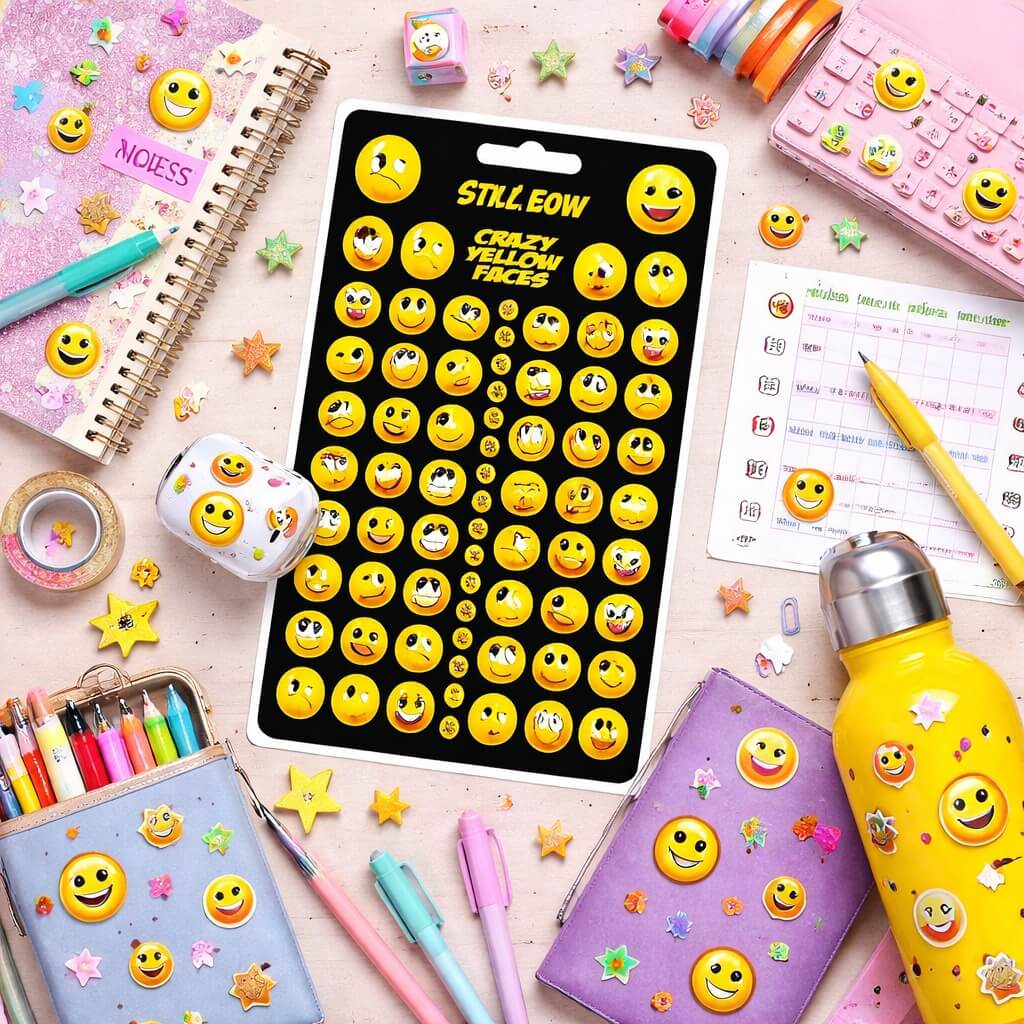 Smiley crazy stickers ark og emoji klistermærker brugt til dekoration på notesbog, penalhus og vandflaske