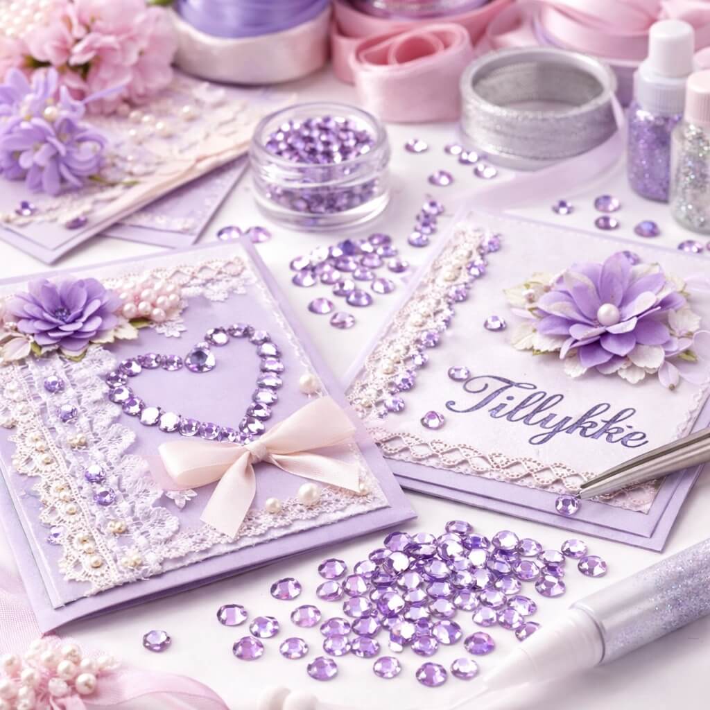 Lys lilla rhinsten til scrapbooking og kortfremstilling med Tillykke-kort